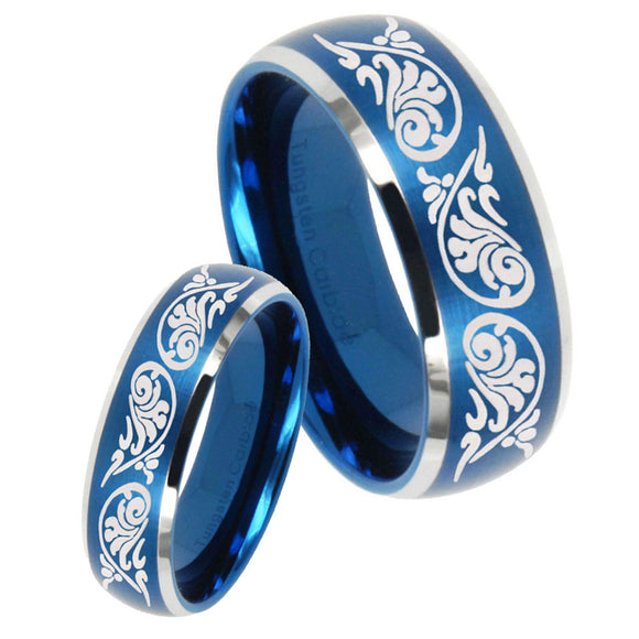 His Hers Etched Tribal Pattern Dome Brushed Blue 2 Tone Tungsten Engagement Ring Set