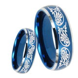 8mm Etched Tribal Pattern Dome Brushed Blue 2 Tone Tungsten Carbide Bands Ring