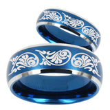 His Hers Etched Tribal Pattern Dome Brushed Blue 2 Tone Tungsten Engagement Ring Set