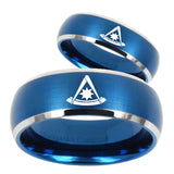 His Hers Pester Master Masonic Dome Brushed Blue 2 Tone Tungsten Engraved Ring Set