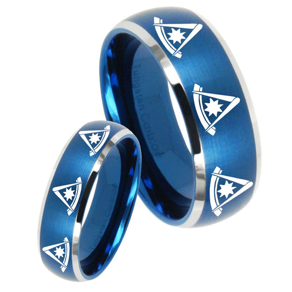 His Hers Multiple Pester Master Masonic Dome Brushed Blue 2 Tone Tungsten Mens Bands Ring Set