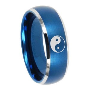 10mm Yin Yang Dome Brushed Blue 2 Tone Tungsten Carbide Custom Mens Ring