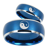 His and Hers Yin Yang Dome Brushed Blue 2 Tone Tungsten Men's Bands Ring Set