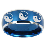 10mm Multiple Yin Yang Dome Brushed Blue 2 Tone Tungsten Carbide Engraved Ring