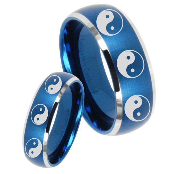 His Hers Multiple Yin Yang Dome Brushed Blue 2 Tone Tungsten Mens Band Set