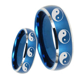 8mm Multiple Yin Yang Dome Brushed Blue 2 Tone Tungsten Carbide Men's Band Ring