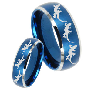 His Hers Multiple Lizard Dome Brushed Blue 2 Tone Tungsten Mens Ring Set