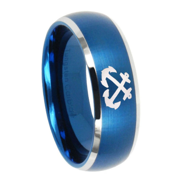 8mm Anchor Dome Brushed Blue 2 Tone Tungsten Carbide Mens Engagement Band