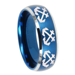 10mm Multiple Anchor Dome Brushed Blue 2 Tone Tungsten Carbide Men's Band Ring