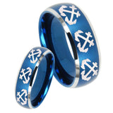 His Hers Multiple Anchor Dome Brushed Blue 2 Tone Tungsten Mens Promise Ring Set