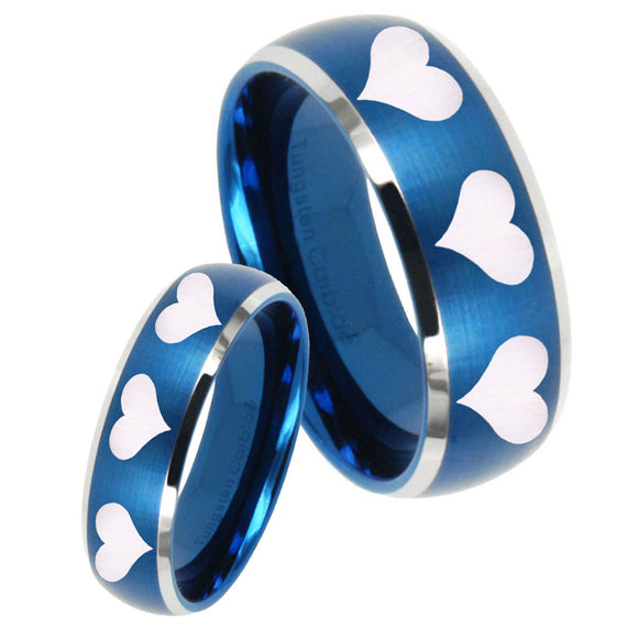 His Hers Multiple Heart Dome Brushed Blue 2 Tone Tungsten Men's Wedding Ring Set