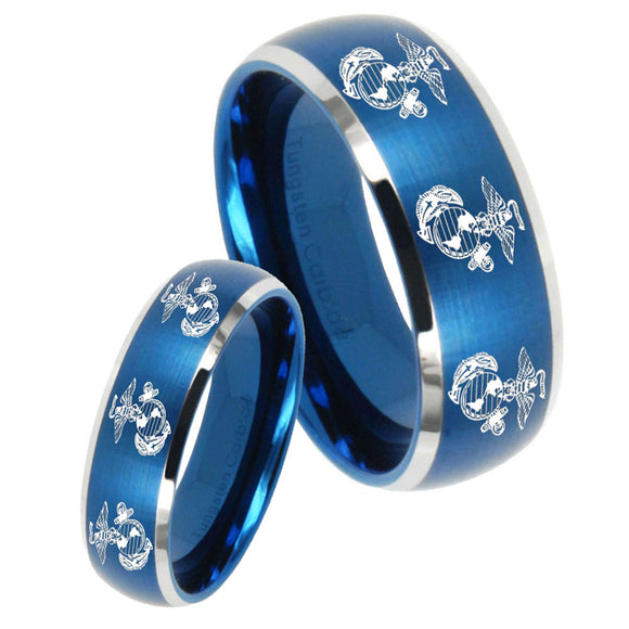 His Hers Multiple Marine Dome Brushed Blue 2 Tone Tungsten Men Rings Set
