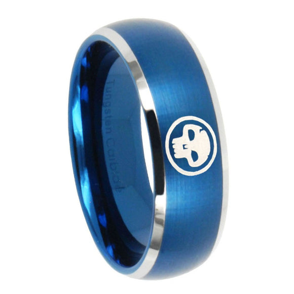 8mm Skull Dome Brushed Blue 2 Tone Tungsten Carbide Men's Engagement Ring