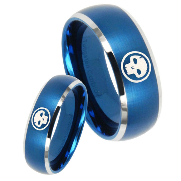 Bride and Groom Skull Dome Brushed Blue 2 Tone Tungsten Carbide Mens Ring Set