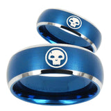 Bride and Groom Skull Dome Brushed Blue 2 Tone Tungsten Carbide Mens Ring Set