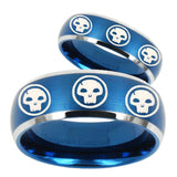 His and Hers Multiple Skull Dome Brushed Blue 2 Tone Tungsten Men's Ring Set
