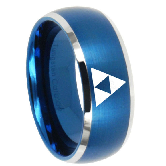 10mm Zelda Triforce Dome Brushed Blue 2 Tone Tungsten Mens Ring Engraved