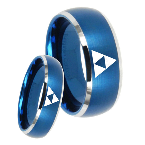 His Hers Zelda Triforce Dome Brushed Blue 2 Tone Tungsten Men's Band Ring Set