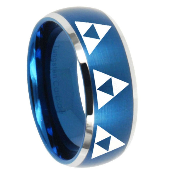 8mm Multiple Zelda Triforce Dome Brushed Blue 2 Tone Tungsten Engraved Ring