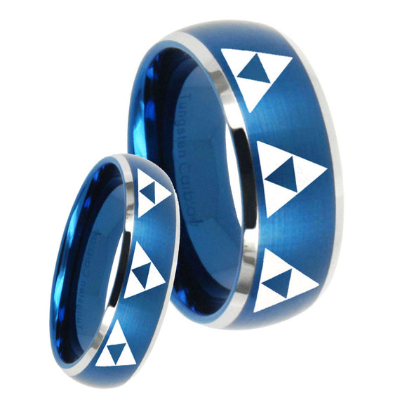 His Hers Multiple Zelda Triforce Dome Brushed Blue 2 Tone Tungsten Mens Bands Ring Set