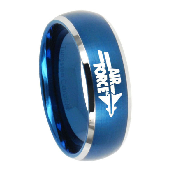 8MM Brush Blue Dome Air Force Tungsten Carbide 2 Tone Laser Engraved Ring