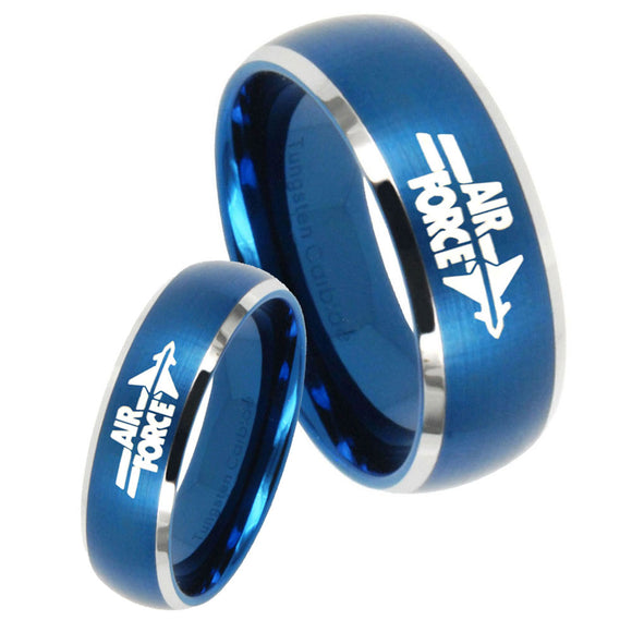 His Her Satin Blue Dome Air Force Two Tone Tungsten Wedding Rings Set