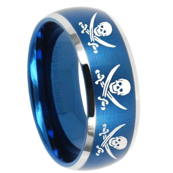 8mm Multiple Skull Pirate Dome Brushed Blue 2 Tone Tungsten Custom Mens Ring