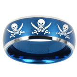 10mm Multiple Skull Pirate Dome Brushed Blue 2 Tone Tungsten Mens Wedding Band