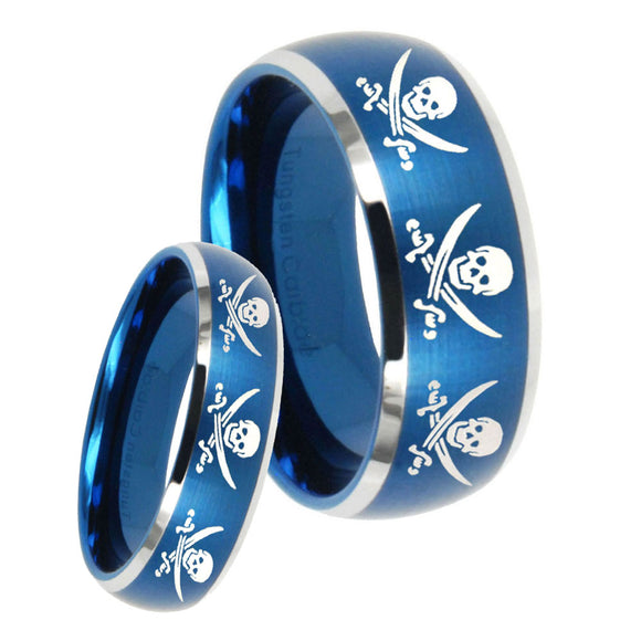 His Hers Multiple Skull Pirate Dome Brushed Blue 2 Tone Tungsten Men's Ring Set