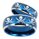 His Hers Multiple Skull Pirate Dome Brushed Blue 2 Tone Tungsten Men's Ring Set