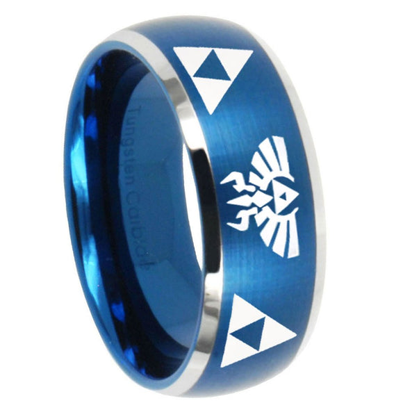 8mm Legend of Zelda Dome Brushed Blue 2 Tone Tungsten Carbide Wedding Band Mens