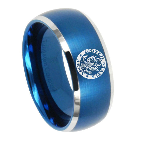 8mm U.S. Army Dome Brushed Blue 2 Tone Tungsten Mens Promise Ring