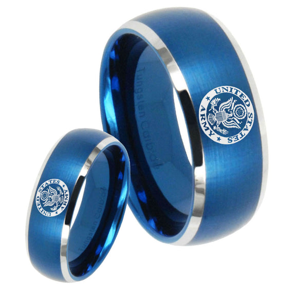 His Hers U.S. Army Dome Brushed Blue 2 Tone Tungsten Men's Ring Set