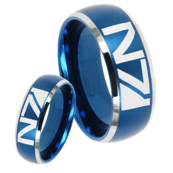 His Hers N7 Design Dome Brushed Blue 2 Tone Tungsten Men's Ring Set