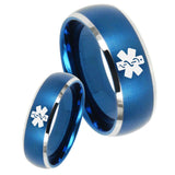His and Hers Medical Alert Dome Brushed Blue 2 Tone Tungsten Bands Ring Set