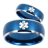 His and Hers Medical Alert Dome Brushed Blue 2 Tone Tungsten Bands Ring Set