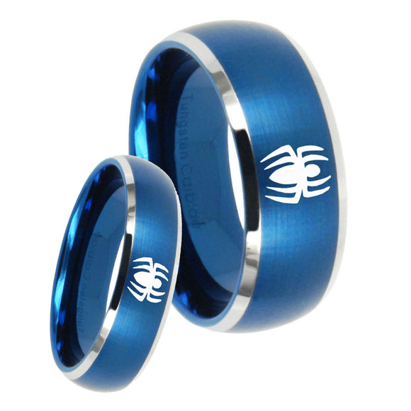 His Hers Spiderman Dome Brushed Blue 2 Tone Tungsten Mens Ring Engraved Set