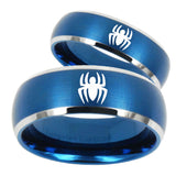 His Hers Spiderman Dome Brushed Blue 2 Tone Tungsten Mens Ring Engraved Set