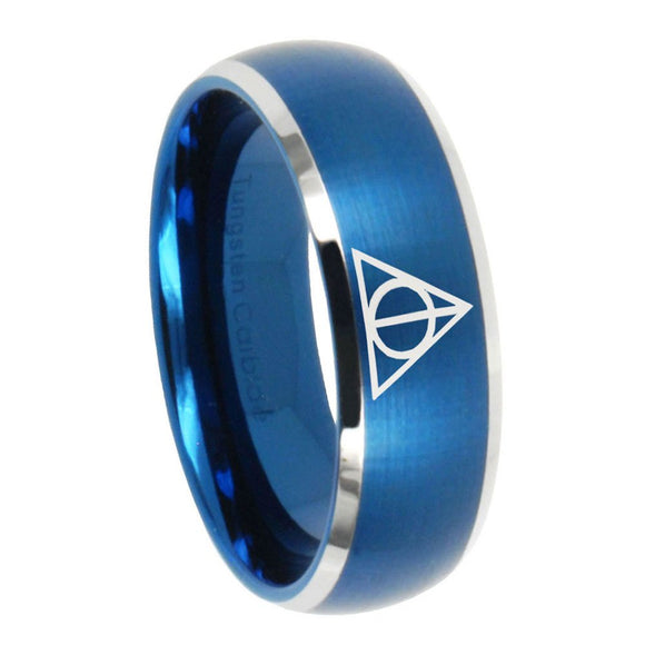 8mm Deathly Hallows Dome Brushed Blue 2 Tone Tungsten Mens Anniversary Ring