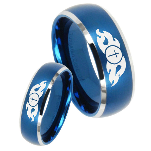 His Hers Flamed Cross Dome Brushed Blue 2 Tone Tungsten Mens Engagement Band Set