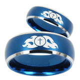 His Hers Flamed Cross Dome Brushed Blue 2 Tone Tungsten Mens Engagement Band Set