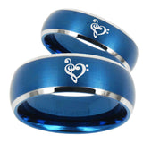 His Hers Music & Heart Dome Brushed Blue 2 Tone Tungsten Mens Wedding Band Set