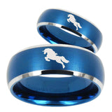 Bride and Groom Horse Dome Brushed Blue 2 Tone Tungsten Mens Promise Ring Set