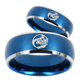 His Hers Angry Baseball Dome Brushed Blue 2 Tone Tungsten Men Rings Set