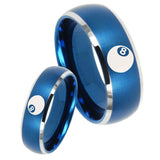 Bride and Groom 8 Ball Dome Brushed Blue 2 Tone Tungsten Carbide Mens Ring Set