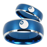 Bride and Groom 8 Ball Dome Brushed Blue 2 Tone Tungsten Carbide Mens Ring Set