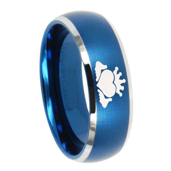 8mm Claddagh Design Dome Brushed Blue 2 Tone Tungsten Carbide Mens Promise Ring