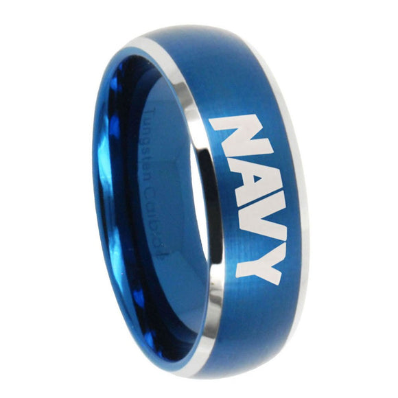 8mm Navy Dome Brushed Blue 2 Tone Tungsten Carbide Wedding Engagement Ring