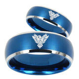 His and Hers Phoenix Dome Brushed Blue 2 Tone Tungsten Custom Mens Ring Set