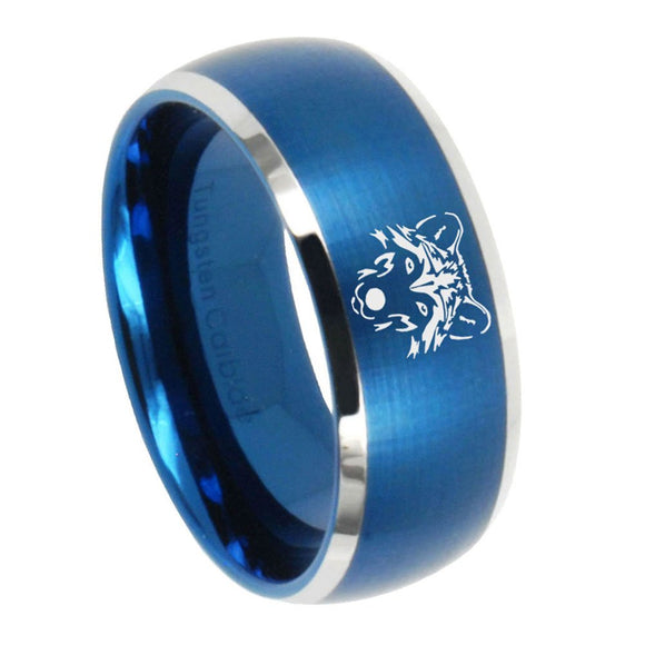 8mm Wolf Dome Brushed Blue 2 Tone Tungsten Wedding Band Ring